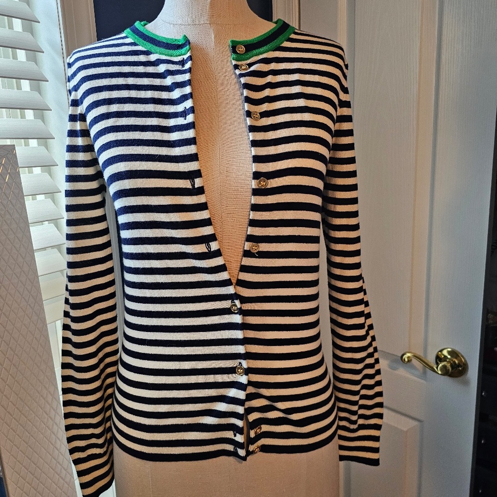 EUC J Crew navy & white with green at collar cotton cardigan